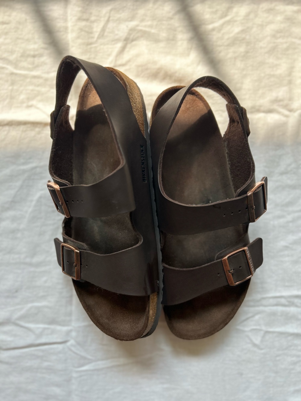 Birkenstock Men's Double Strap Sandals in Dark Brown with Copper Buckles